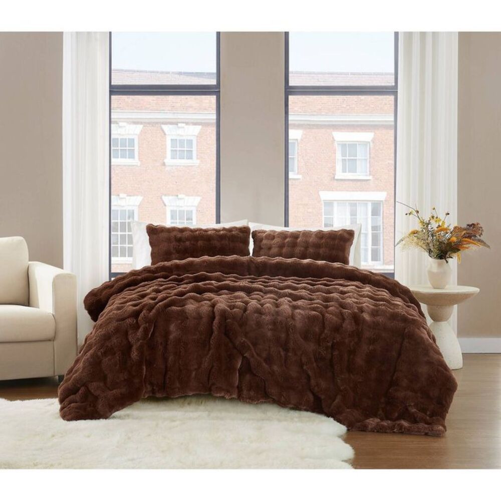 Brooklyn Loom Full/Queen Bubble Faux Fur Comforter Set Brown